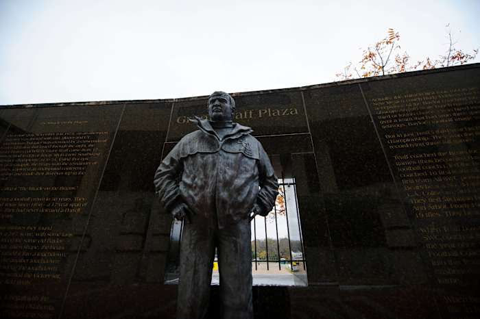 The statue in Grant Teaff Plaza outside McLane Stadium.